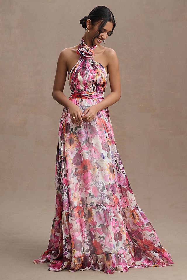 Asymmetrical Flower Halter Gown - Mac Duggal