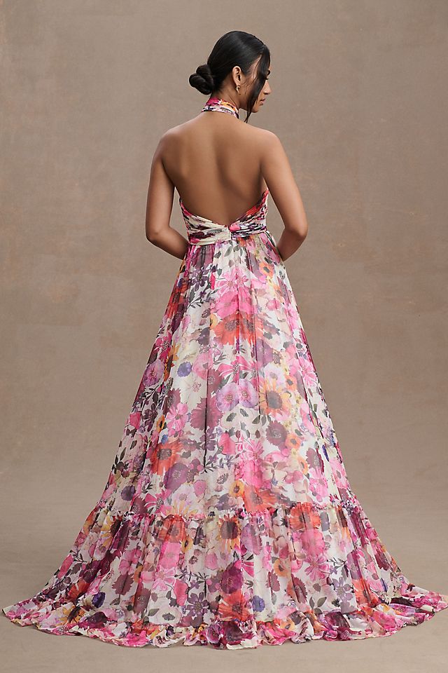 Asymmetrical Flower Halter Gown - Mac Duggal